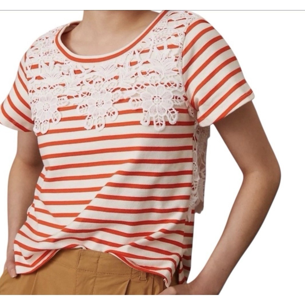 Maeve Anthropologie Lace Trimed Striped Embroidered Crochet Tee Shirt Women's L